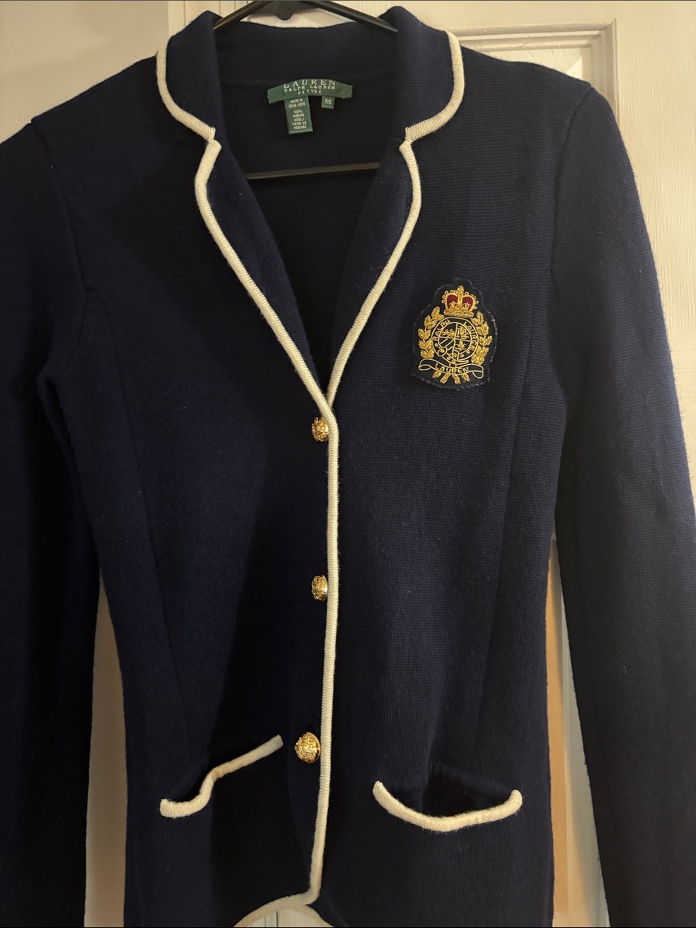 Lauren Ralph Lauren Navy Blazer with White Trim and Gold Crest